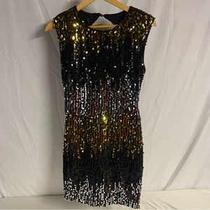 As U Wish Teardrop Sequin Bodycon Dress, Gold/Silver/Black, Size Juniors Medium